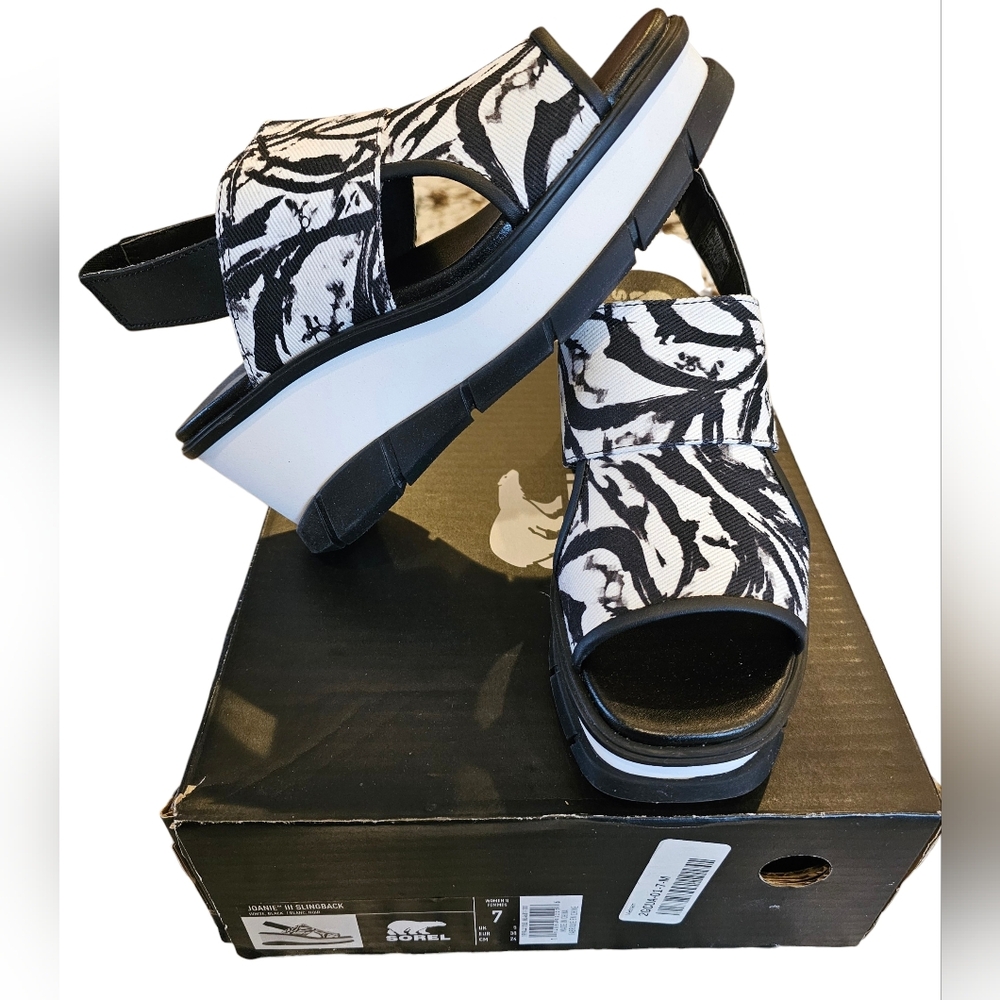 Sorel Joanie III Slingback Wedge Sandals Black White Zebra Print Size 7 NEW - Picture 2 of 12